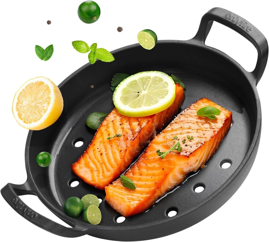 onlyfire Pre-Seasoned Cast Iron Skillet, Frying Pan with Nonstick Perforated Grill Surface and Dual Handles, 10 Inch Cast Iron Pan – Compatible With All Stovetops – Oven Safe & Rust Resistant
