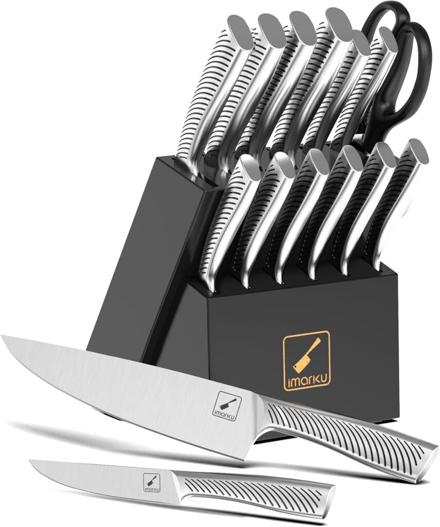 Knife Set, imarku 14Pcs Kitchen Knives Set, Premium Japanese Knife Set with Block, Razor-Sharp High Carbon Stainless Steel Knives Set for Kitchen, Dishwasher Safe, Built-in Sharpener, Black