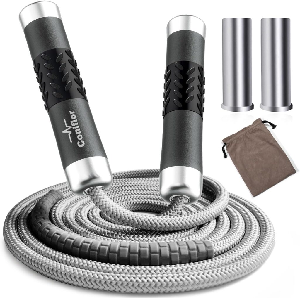 Weighted Jump Rope, 1LB Tangle-Free Ball Bearing Rapid Speed Skipping Rope for Men Women, Adjustable 9mm Cotton & PVC Rope with Alum Handle for Boxing MMA Weight-Loss Athletic Workout Fitness