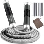 Weighted Jump Rope, 1LB Tangle-Free Ball Bearing Rapid Speed Skipping Rope for Men Women, Adjustable 9mm Cotton & PVC Rope with Alum Handle for Boxing MMA Weight-Loss Athletic Workout Fitness