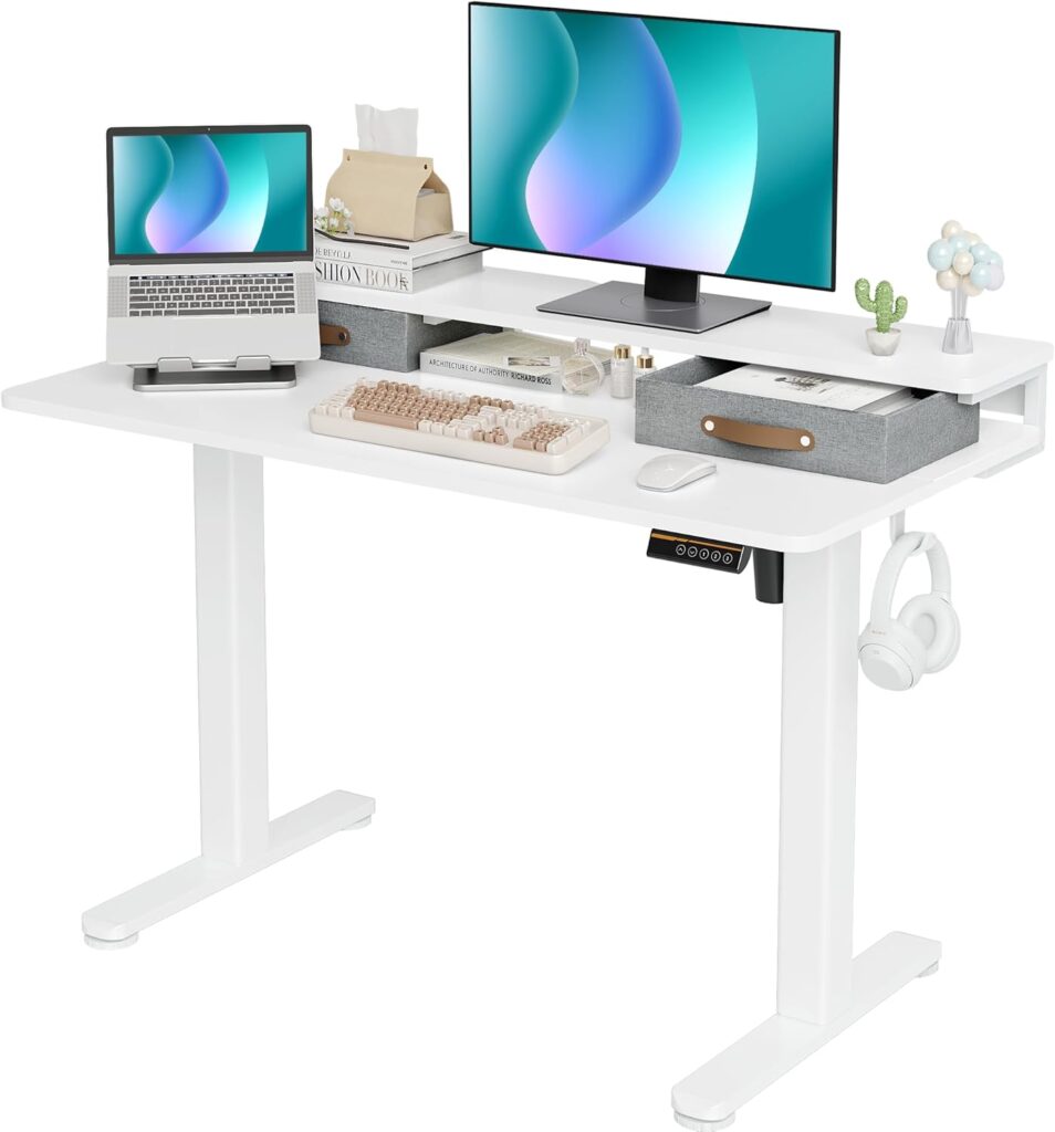 Seang Electric Standing Desk with 2 Drawers, Adjustable Standing Desk with Storage Shelf, Height Adjustable Stand up Desk for Home Office with 3 Presets & 2 Hooks,48 Inch, White