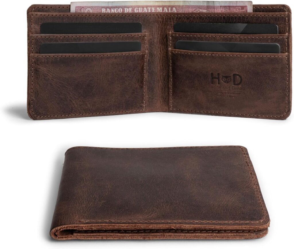 Hide & Drink, Slim Bifold Wallet, Classic Billfold for Pocket or Bag, Store Money, Cards and Cash, Travel Accessory, Full Grain Leather, Handmade, Bourbon Brown