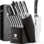 BRODARK Kitchen Knife Set with Block and Sharpener,15 PCS High Carbon Stainless Steel Knife Block Set, Ergonomic Pakkawood Handle for Christmas Kitchen Cooking