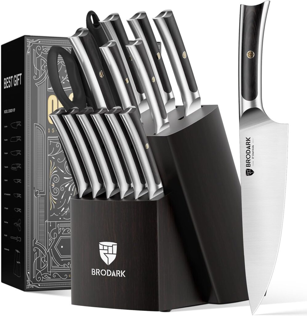 BRODARK Kitchen Knife Set with Block and Sharpener,15 PCS High Carbon Stainless Steel Knife Block Set, Ergonomic Pakkawood Handle for Christmas Kitchen Cooking