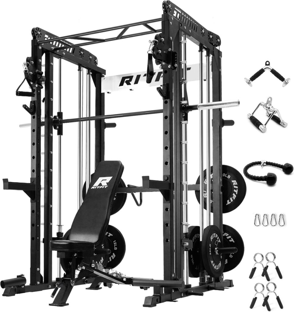 RitFit M1 & M1 Pro Smith Machine with Cable Crossover System, Multi-Function Squat Rack Power Cage for Home Gym, Power Rack and Packages