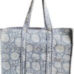 Cotton Quilted Tote Bag, Handmade Indian Shopping Shoulder Gray color flower Print