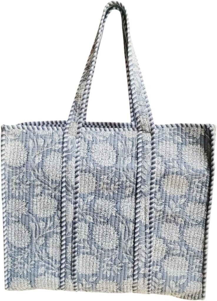Cotton Quilted Tote Bag, Handmade Indian Shopping Shoulder Gray color flower Print