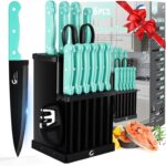 16-Piece Kitchen Knife Set with Block – High Carbon Stainless Steel Knives, Black Non-Stick Coating, Triple Riveted Forged Turquoise Handle, Dishwasher Safe, Includes Knife Sharpener, Scissors