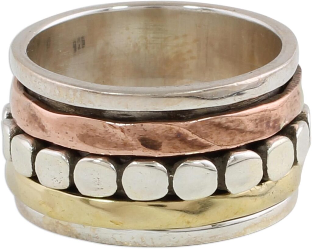 NOVICA Artisan Handmade .925 Sterling Silver Meditation Spinner Ring Copper Brass from India Floral ‘Paved Road’