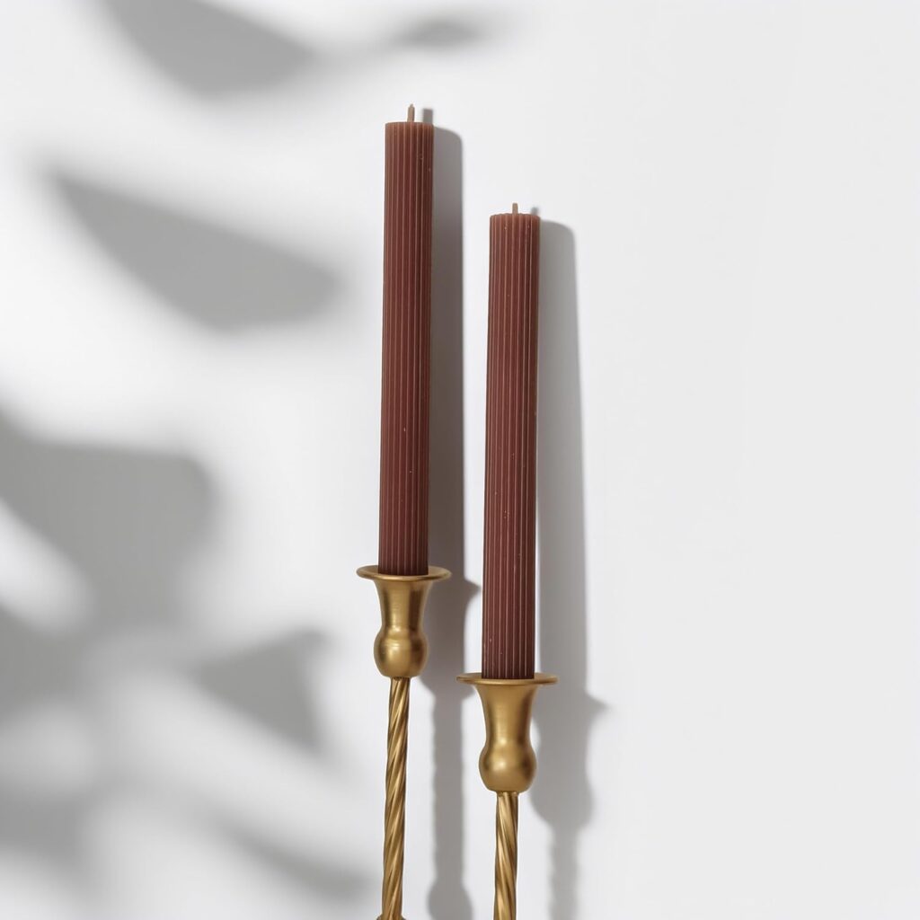 2 Pack | 10″ Premium Unscented Ribbed Wick Taper Candles, Tall Ribbon Wax Dinner Unscented Modern Home Décor Soy Wax Handmade 12 Hours candlesticks (Brown)