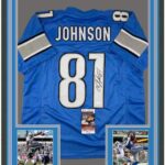 Framed Autographed/Signed Calvin Johnson 33×42 Detroit Blue Football Jersey JSA COA
