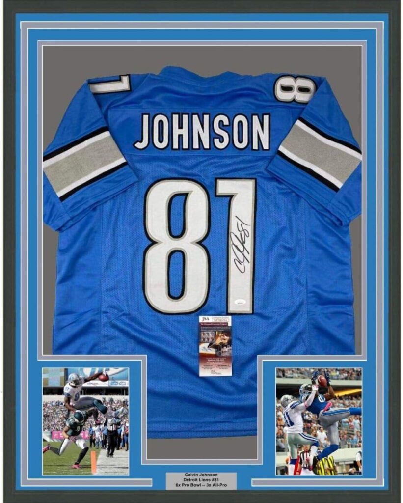 Framed Autographed/Signed Calvin Johnson 33×42 Detroit Blue Football Jersey JSA COA