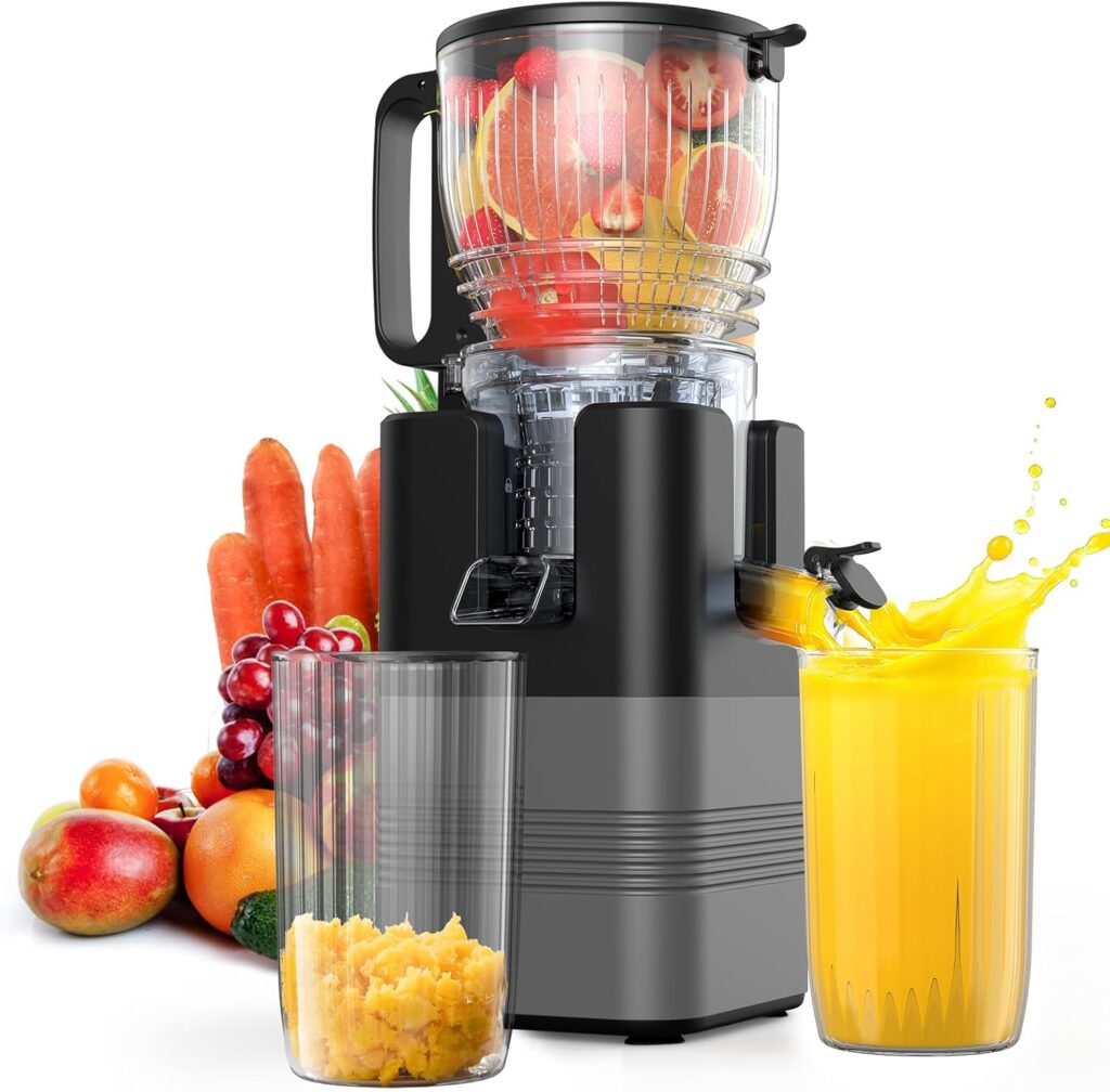 Cold Press Juicer Machines, Airpher 400W Juicer Machines with 5.8″ Wide Feed Chute, Slow Masticating Juicer For Whole Vegetables & Fruits with High Juice Yield, Easy to Clean Gray