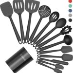 Coukre Silicone Kitchen Cooking Utensils Set with Holder – Heat-Resistant, Food-Grade Kitchen Tools, Spatula, Spoon & Gadgets for Non-Stick Pans, Dishwasher Safe (14, PureBlack)