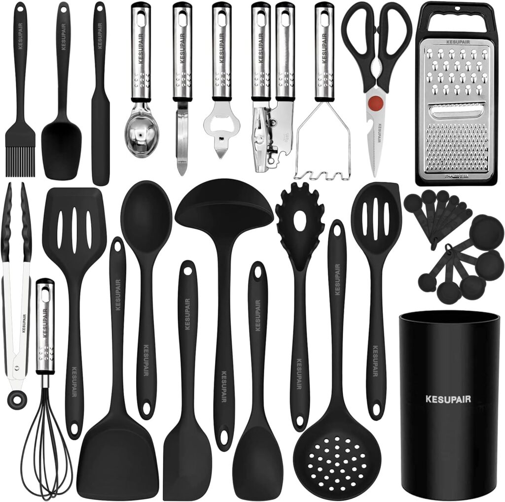 Kitchen Utensils Set – 446°F Heat Resistant Silicone Cooking Utensils Set-Kitchen Tools and Gadgets for Cooking Nonstick Cookware with Tongs,Turner,Spatula,Spoon,Brush,Peeler,Grater,Scissors(Black)