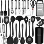 Kitchen Utensils Set – 446°F Heat Resistant Silicone Cooking Utensils Set-Kitchen Tools and Gadgets for Cooking Nonstick Cookware with Tongs,Turner,Spatula,Spoon,Brush,Peeler,Grater,Scissors(Black)
