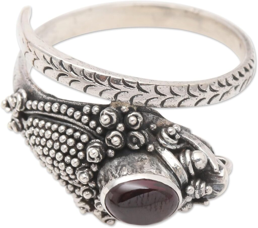 NOVICA Artisan Handmade Garnet Wrap Ring Snake with Cabochon .925 Sterling Silver Single Stone Indonesia Birthstone Animal Themed Gemstone Halloween ‘Ready to Strike’