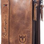 BULLCAPTAIN Genuine Leather Wallet for Men Vintage Bifold with Double Zipper Pockets (Brown)