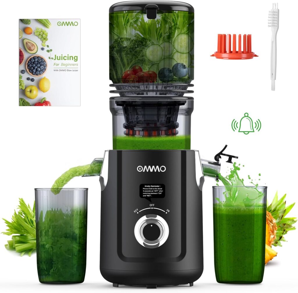 OMMO Cold Press Juicer Machines : 5.1″ Wide Feed Chute Slow Masticating Juicer for Whole Fruits & Vegetables, Easy to Clean, High Juice Yield, BPA Free, Black