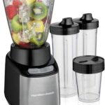 Hamilton Beach MultiBlend Smoothie Blender with 4 Shatterproof BPA Free Jars and Lids; Large 32oz Jar, 8oz Grinder for Nuts & Spices, and 2 Portable Travel Cups, 650 Watts, Black and Stainless (52400)