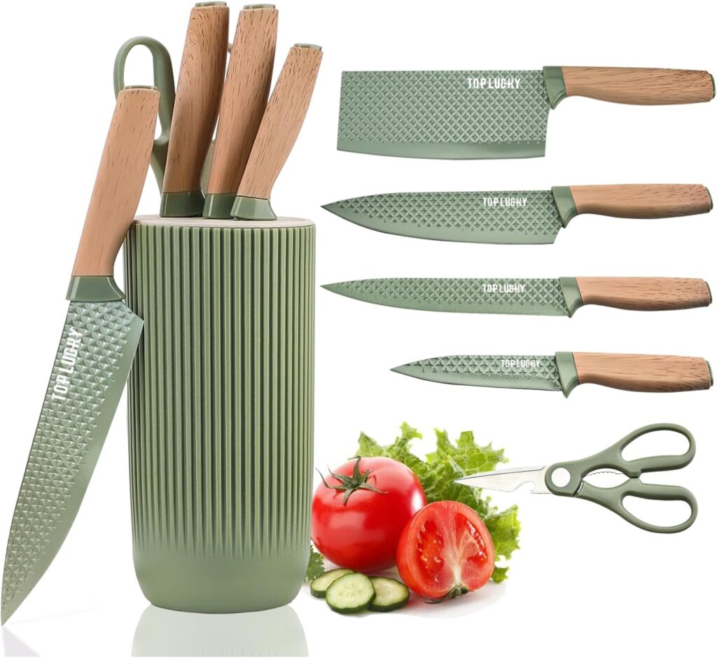 Pink Knife Set, 6 Pieces Professional Kitchen Knife Set with Universal Knife Block, Super Sharp Knife Set with Ergonomic Handle Non-stick Stainless Steel Knife Block Set (Green)