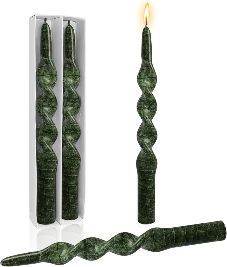 10 Inch Taper Candles Candlesticks Handmade Unscented Smokeless 2 Pack Twisted Candlesticks Candle Sticks for Christmas Holiday Decoration(Green)