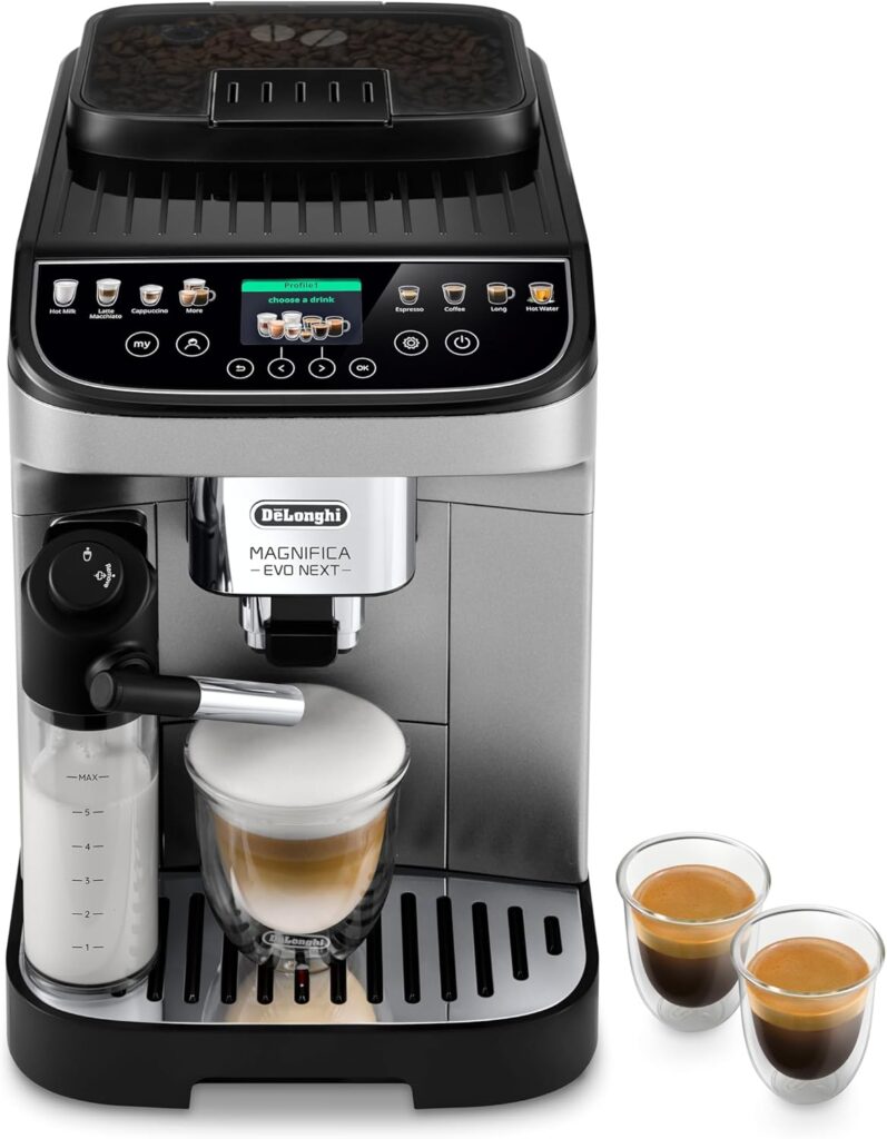 De’Longhi Magnifica Evo Next Fully Automatic Espresso Machine – Programmable Coffee Maker with Grinder and Milk Frother – Hot & Cold Brewer for Espresso, Latte, Cappuccino, Americano, Tea and More