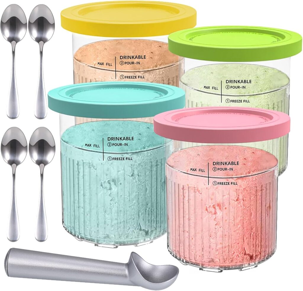 Creami Deluxe Pint Containers Replacement for Ninja Creami Pints and Lids – 4 Pack 24oz Creamy Icecream Cups Compatible with Ninja NC500 & NC501 Series Deluxe 11-in-1 Ice Cream Maker, Dishwasher Safe