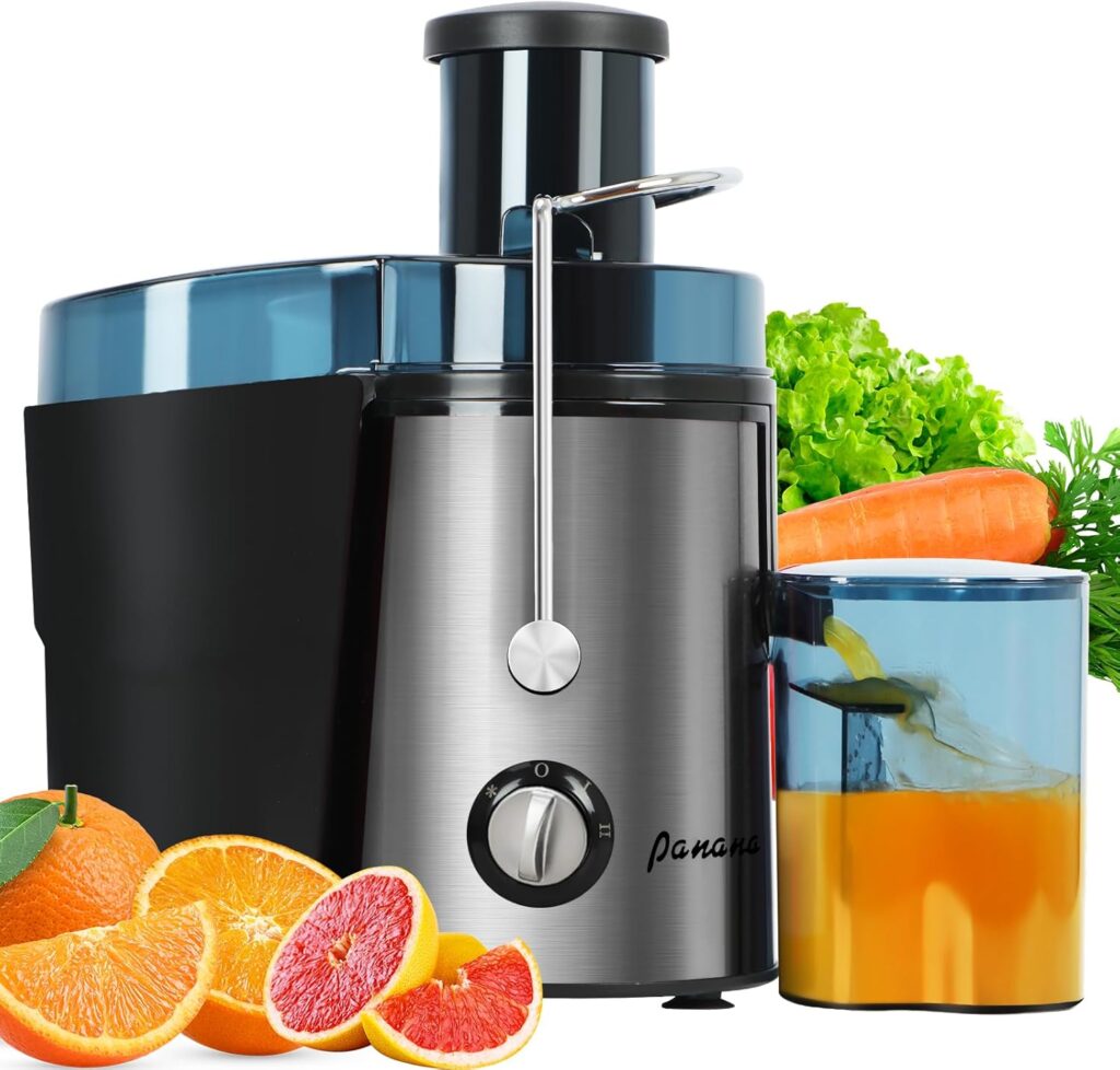 Panana Centrifugal Juicer Extractor with Wide Mouth 2.5” Feed Chute for Fruit Vegetable, Easy to Clean, Stainless Steel, BPA-free (Silver)