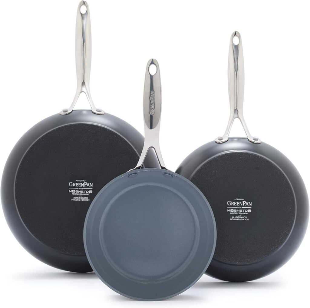 GreenPan Valencia Pro Hard Anodized 3 Piece Fry Pan Skillet Set, Ceramic Nonstick 8″ 9.5″ and 11″ Induction Suitable Frying Pans, PFAS-Free Cookware, Dishwasher Safe, Oven and Broiler Safe, Gray