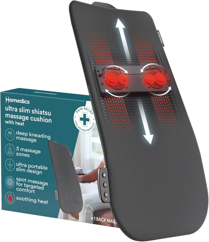 Homedics Ultra Slim Shiatsu Massage Cushion with Heat – Full Back Coverage, Deep Kneading Massage, 3 Zone Control (Upper/Lower/Full), Soothing Heat, Slim Profile, Portable Design, Fits Most Chairs