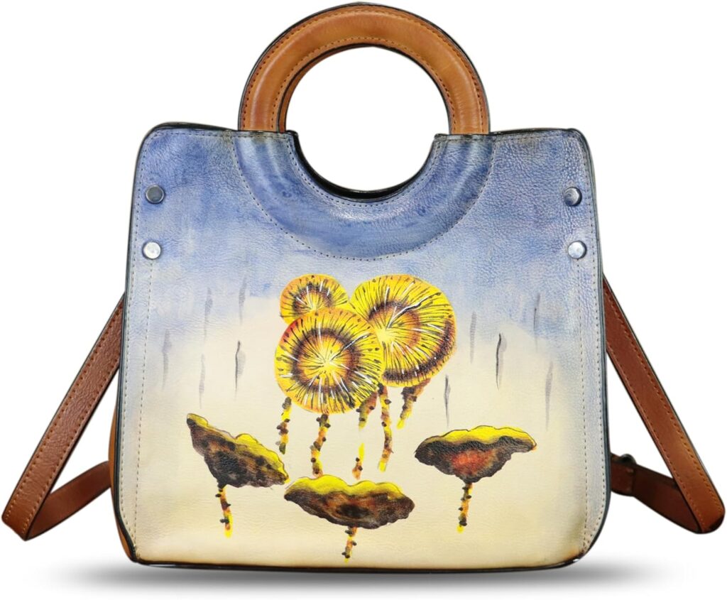 Genuine Leather Tote Bag for Women Hand Painted Leather Shoulder Handbag Handmade Purse Crossbody Work Tote Casual Purse