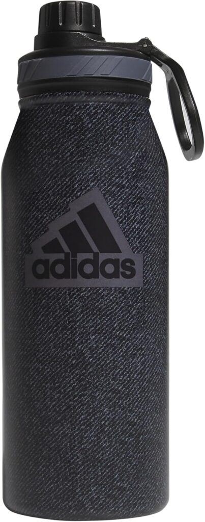 adidas 1 Liter (32 oz) Metal Water Bottle, Hot/Cold Double-Walled Insulated 18/8 Stainless Steel, Twill Black/Black/Grey Five, 32 Ounces