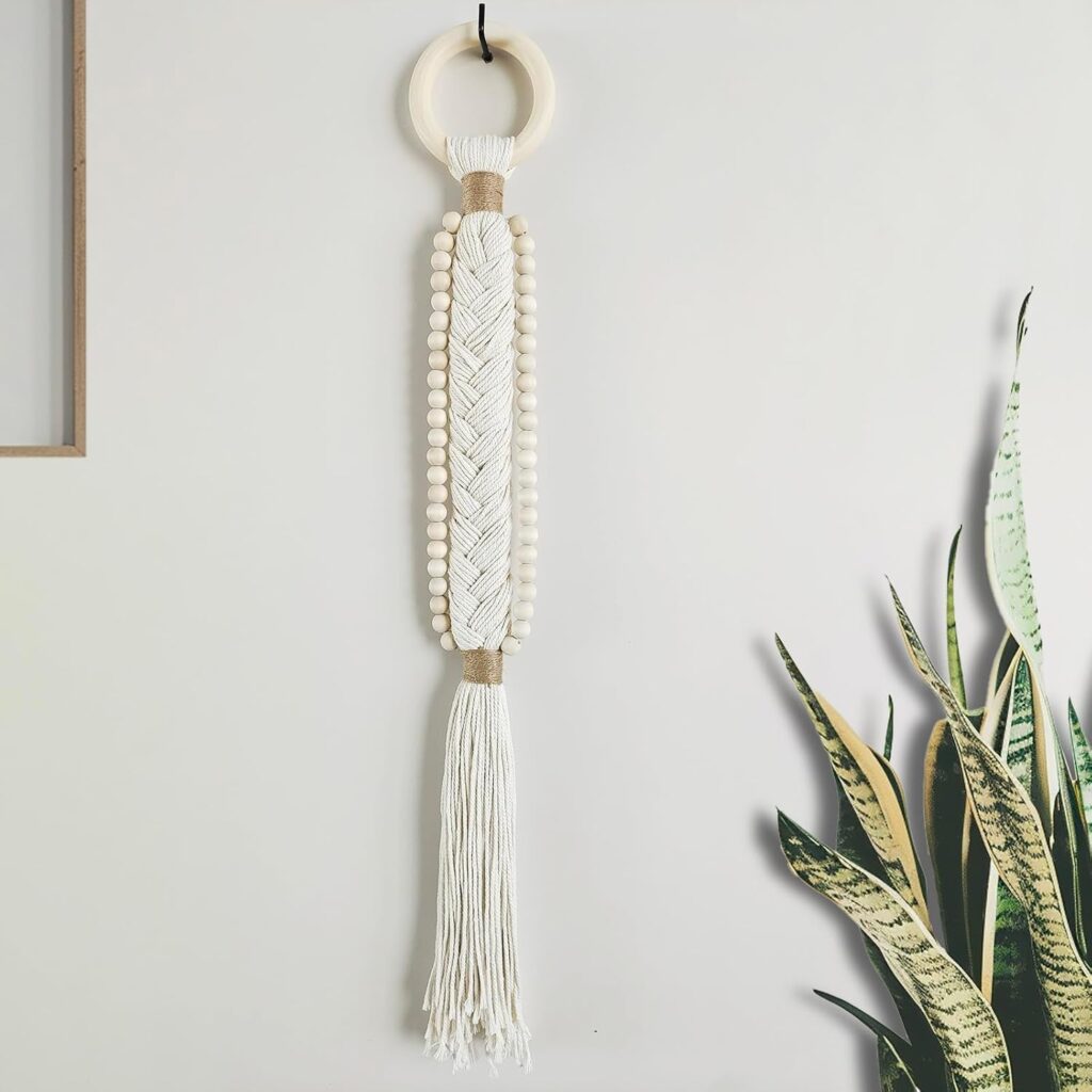 Boho Wall Decor Macrame Beige Wall Hanging with Wood Bead Tassel Western Farmhouse Rustic Cozy Art for Living Room Bedroom Dinning Room Hallway Entryway Door Shelf Dorm (Beige)
