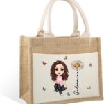 callie Personalized Jute Tote Bag for Women, Custom Cute Cartoon Character Birth Flower with Name on Large Burlap Tote Bag, Wedding Birthday Christmas Gifts for Mom, Sister, Bridesmaid, Teachers