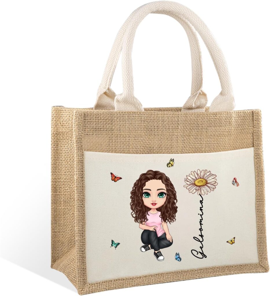 callie Personalized Jute Tote Bag for Women, Custom Cute Cartoon Character Birth Flower with Name on Large Burlap Tote Bag, Wedding Birthday Christmas Gifts for Mom, Sister, Bridesmaid, Teachers