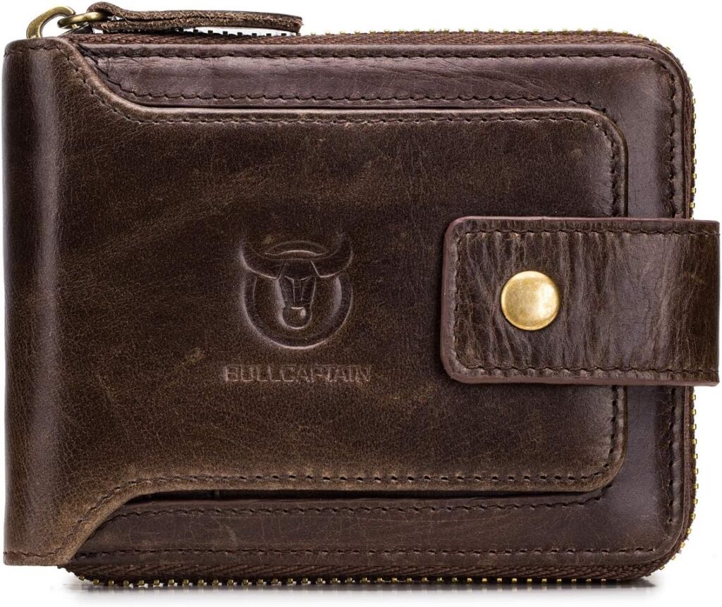 BULLCAPTAIN Genuine Leather Wallet for Men Large Capacity ID Window Card Case with Zip Coin Pocket QB-231 (Coffee)