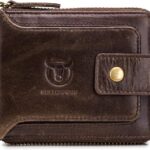 BULLCAPTAIN Genuine Leather Wallet for Men Large Capacity ID Window Card Case with Zip Coin Pocket QB-231 (Coffee)