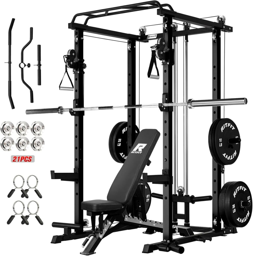 RitFit Upgraded PPC-P3 Power Cage, 3-in-1 Home Gym with Aluminum Pulley System, 1200LBS Capacity, Includes LAT Pulldown, Landmine, J-Hooks & 20+ Attachments, Fits Compact Spaces Black Red