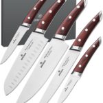 Brewin CHEFILOSOPHI Japanese Chef Knife Set 5 PCS with Elegant Red Pakkawood Handle Ergonomic Design,Professional Ultra Sharp Kitchen Knives for Cooking High Carbon Stainless Steel