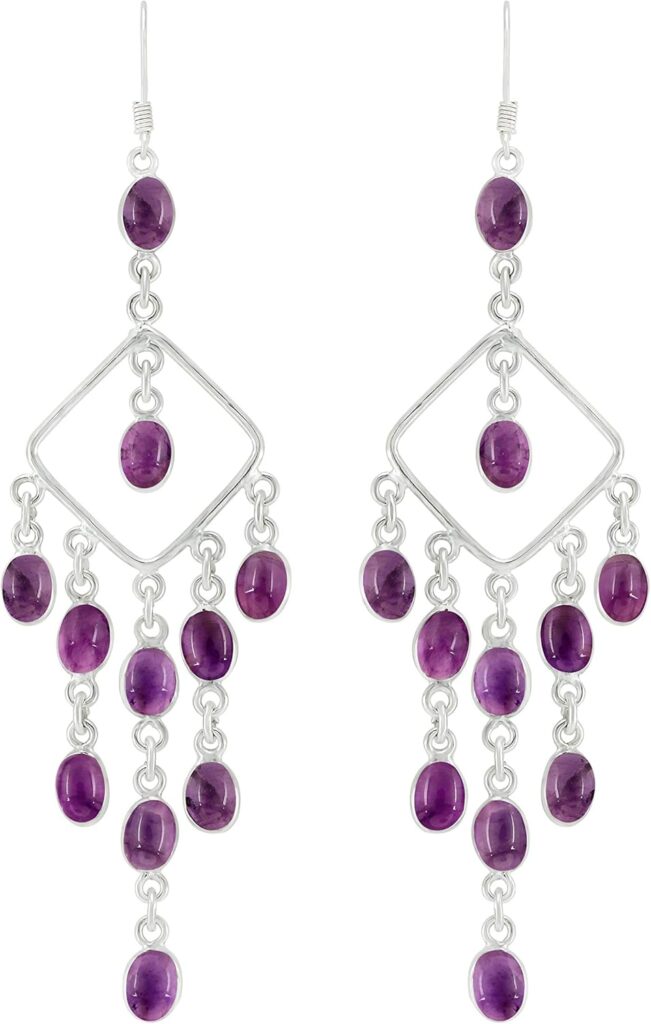 Natural Oval Gemstones Dangle Earrings for Women – Handmade 925 Silver Plated Boho Drop Earrings – Statement Birthstone Comfortable Fashion Jewelry – Gift for Anniversaries or Special Occasions