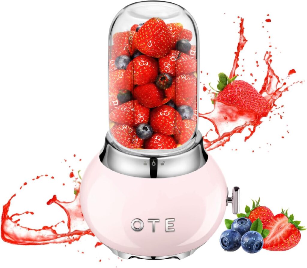 OTE Personal Blender for Shakes and Smoothies with 14 Oz Glass Jar, 4 Stainless Steel Blades, BPA Free, 20000r/m, Retro Portable Blender Best Choice for Kitchen Fruit Juicer Machines -Pink