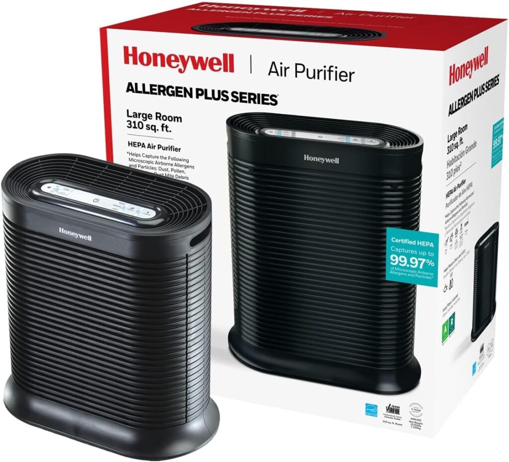 Honeywell AllergenPlus HEPA Air Purifier, Airborne Allergen Reducer for Large Rooms 1500 sq ft, Reduces Allergens, Smoke, Wildfire Smoke, Pollen, Pet Dander and More, Black, HPA200