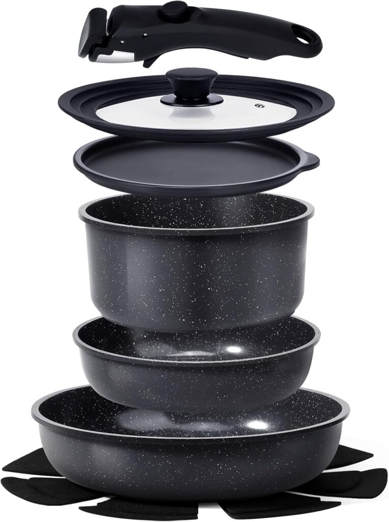 GiPP Ceramic Non Stick Pots and Pans Set,Nonstick Detachable Handle Cookware Sets,Healthy Non Toxic PFAS PFOA & PTFE Free, Dishwasher &Oven Safe, Induction Kitchen Pot and Pan, 8 Piece Grey