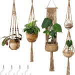 Mkono Macrame Plant Hangers Set of 4 Indoor Hanging Planter Basket Wall Decorative Flower Pot Holder with 4 Hooks for Indoor Outdoor Home Decor Gift Box, Brown