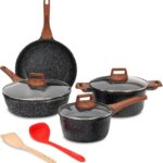 ESLITE LIFE Nonstick Cookware Sets, 9 Pcs Granite Coating Pots and Pans Set Kitchen Cooking Set, Compatible with All Stovetops (Gas, Electric & Induction), PFOA Free, Black