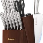 Astercook Knife Set, Kitchen Knives Set with Block and Sharpener Full Tang 15 Pcs Premium Stainless Steel Knives Ultra Sharp Blade Dishwasher Safe Knife Set with Anti-slip Ergonomic Handle, Walnut