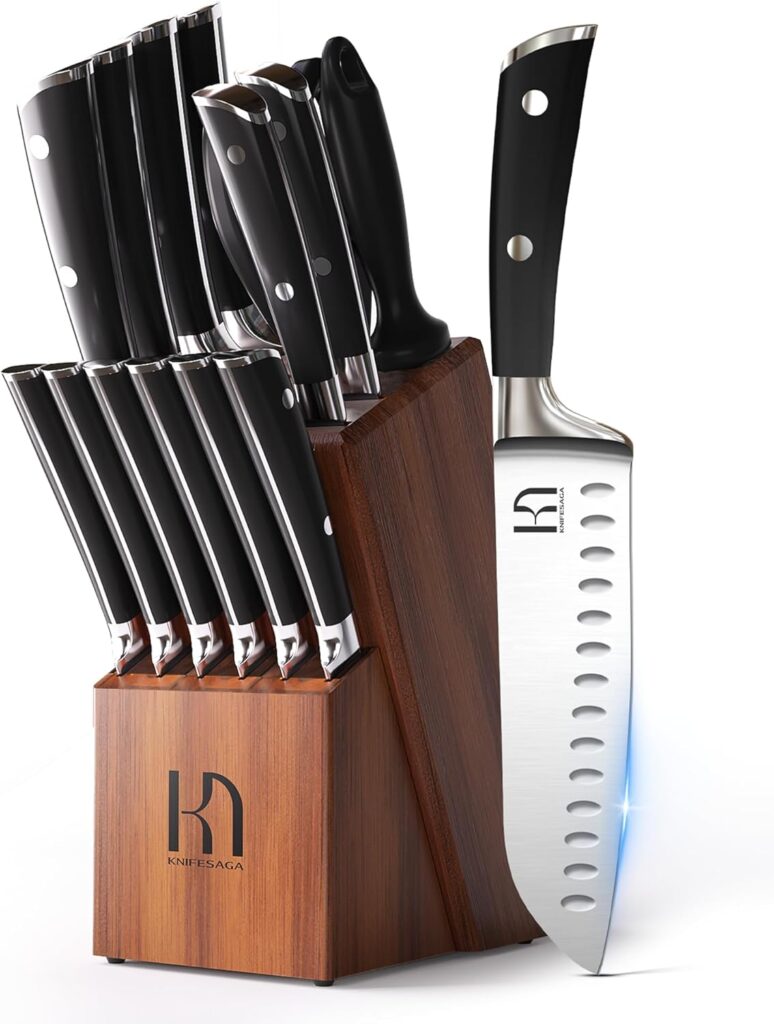 Knife Set, 15 Pcs Kitchen Knife Block Sets with Sharpener, Japanese High Carbon Stainless Steel Set of Knives, Premium Razor Sharp Black Knives Set with Block for Kitchen, Ergonomic Handle