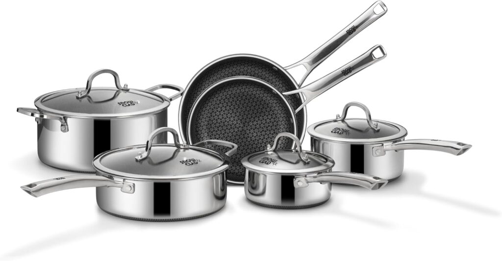 Pots and Pans Set Non Stick, 10 Pcs Hybrid Stainless Steel Cookware Sets, Non Stick Frying Pans, Saucepans, Saute Pan & Stock Pot, PFOA Free Kitchen Skillet,Induction Compatible