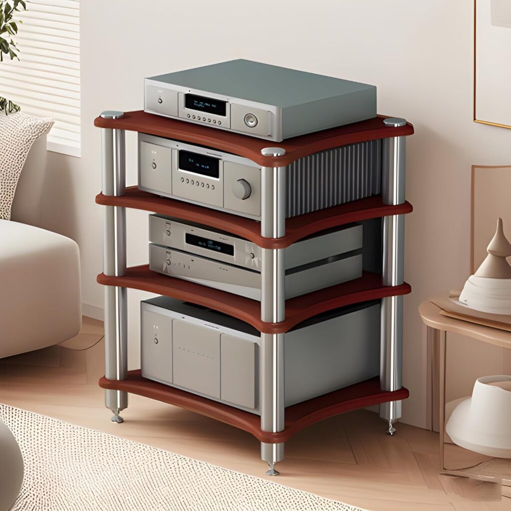 4-Tier AV Media Stand, Stereo Racks and Stands, Video Component Cabinet Audio Rack Tower for DVD Player Game Console TV Box WiFi Routert (Dark Wood, 4-Tier)